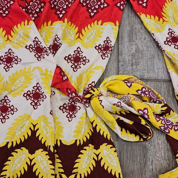 Diane Von Furstenberg Dress Womens 6 Yellow Red Julian Indian Border Wrap Silk - Picture 6 of 16